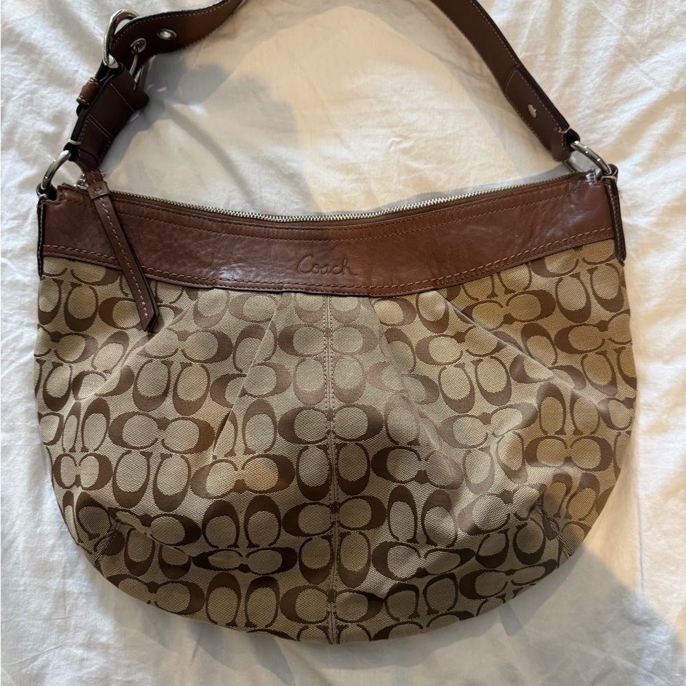Coach Brown Signature Hobo with Leather Trim